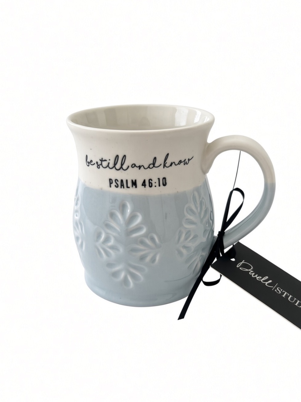 Dwell Studio “Be Still and Know” Blue White Ceramic Psalm 46:10 Mug